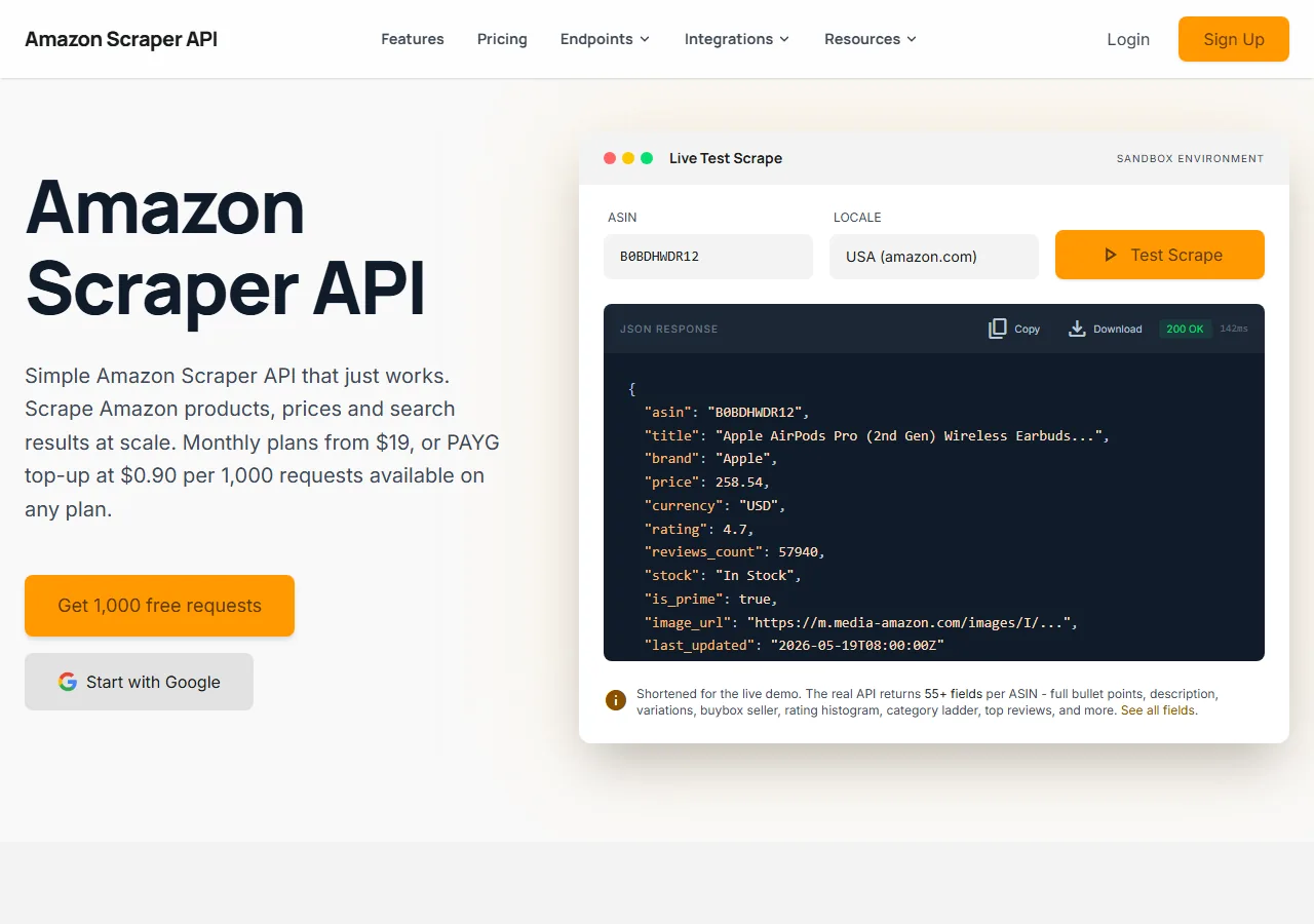 Amazon Scraper API homepage
